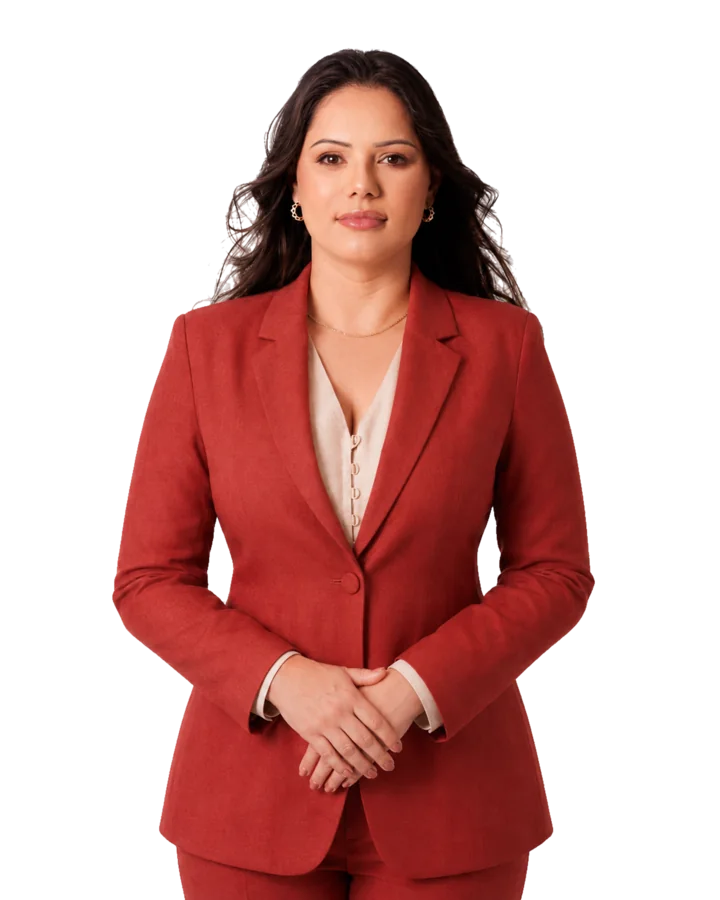 Franciele Sofiati standing in a red suit.