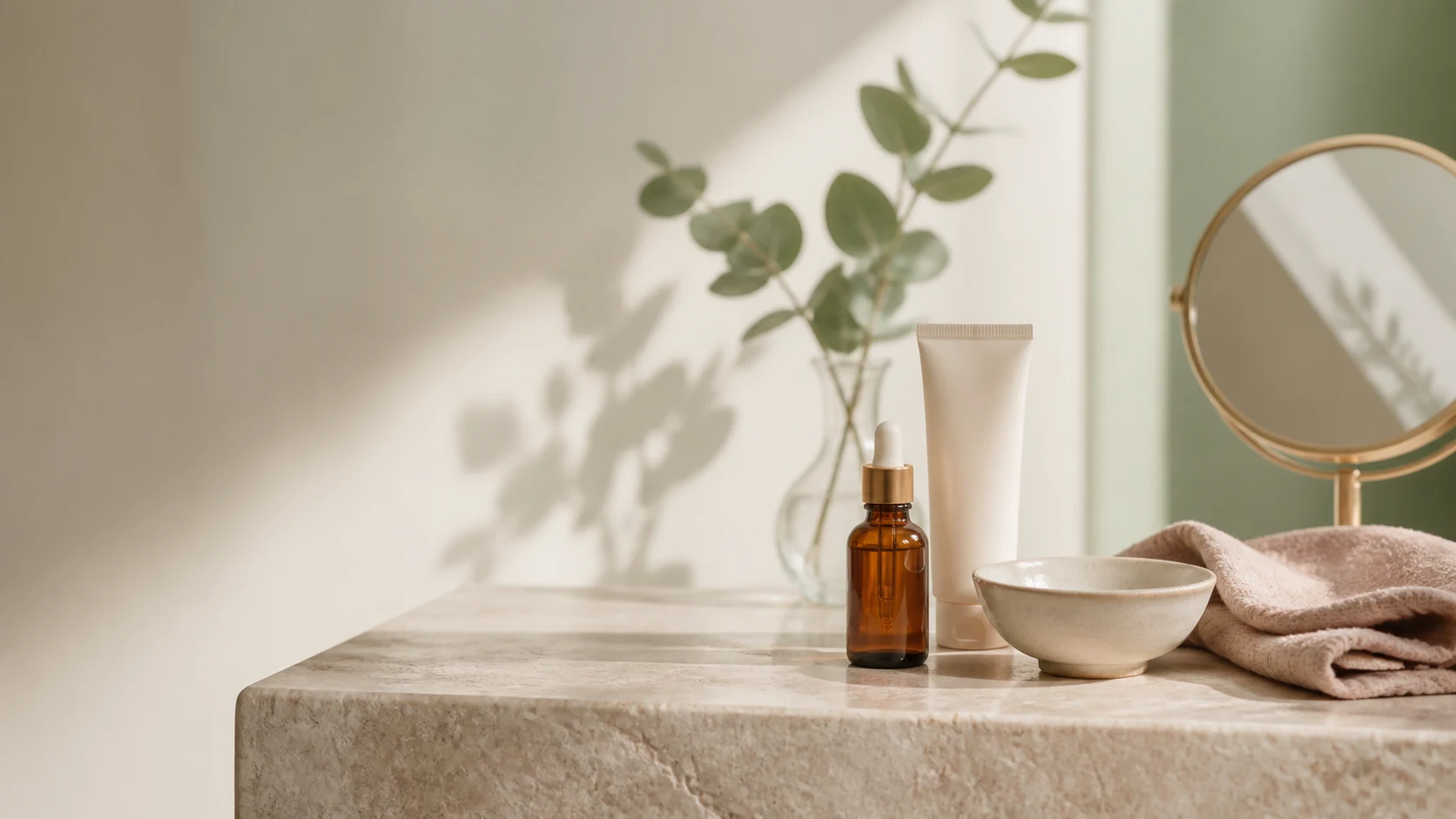 A considered selection of a few skincare essentials on an ivory, sage and gold-toned vanity.